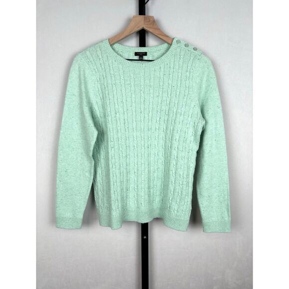 Talbots Cable Knit Crew Neck Sweater LP Mint Green Button Shoulder Soft Preppy - Picture 1 of 13
